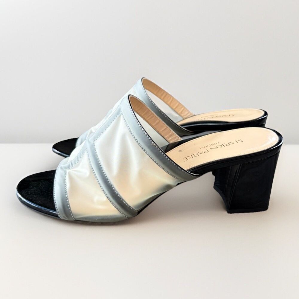 Marion Parke Black Patent Leather PVC Block Heel Sandals Size 10 Italy Shoes
